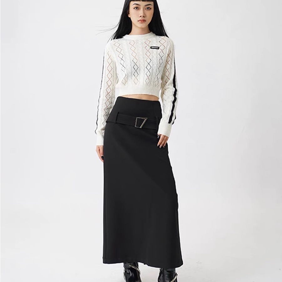A-Line High Waist Slim With Belt Design Hem Slit Bag Hip Skirt